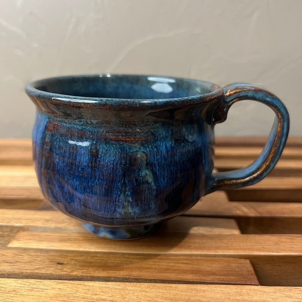 Studio Pottery Blue Reactive Drip Glaze Mug Signed LJ 13 Artisan Stoneware